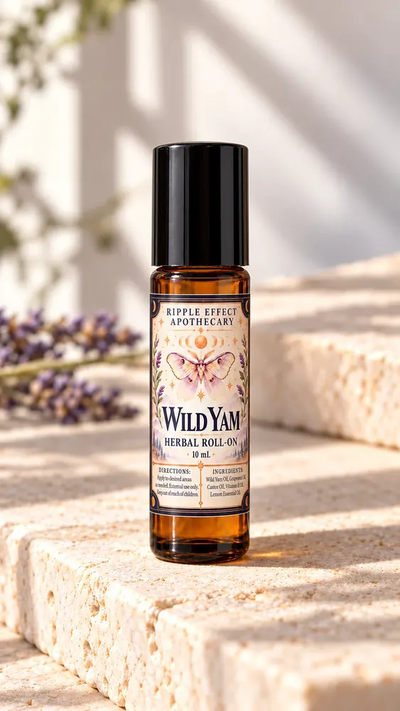 Wild Yam Herbal Roll-On 10 mL on stone ledge